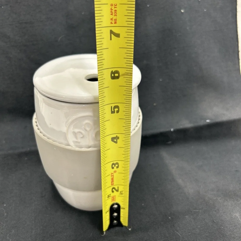 Pampered Chef White Ceramic Egg Cooker Cup Lid with Gray Silicone Sleeve #1529